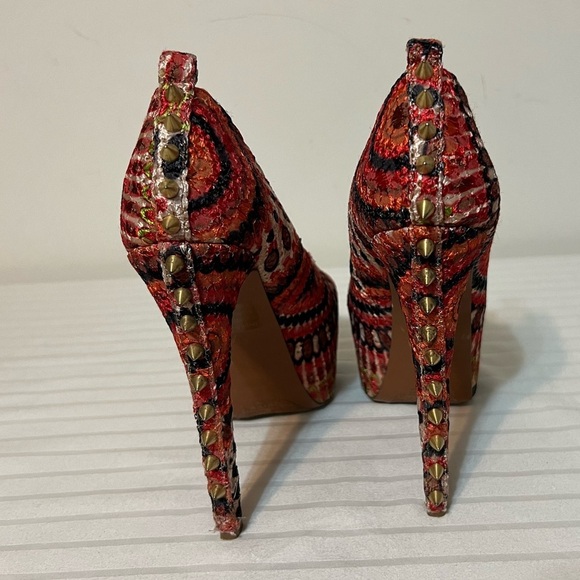 Wild Pair Retro Orange Multicolor Spike Peep Toe High Heels Stilettos Size 6M - Picture 5 of 14